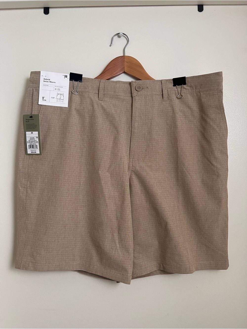 NWT Goodfellow & Co Hybrid Swim Shorts 38 Tan UPF 50+ 9" Inseam Stretch